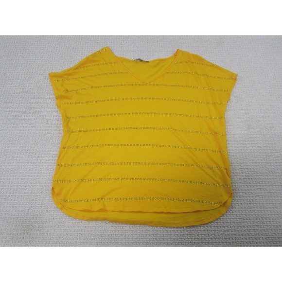 Chaus Tops - Chaus Shirt Womens Small‎ Yellow Rhinestone Stripe V Neck Short Sleeve Dolman